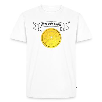 Plaque de poids Bannière « It ́s My Life » noir - T-shirt Premium bio Homme - blanc - Devant - Nico (187cm)