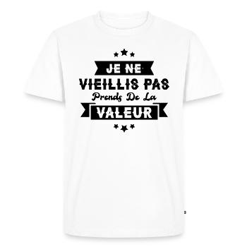 Je ne vieillis pas, je prends de la valeur - T-shirt Premium bio Homme - blanc - Devant - Nico (187cm)