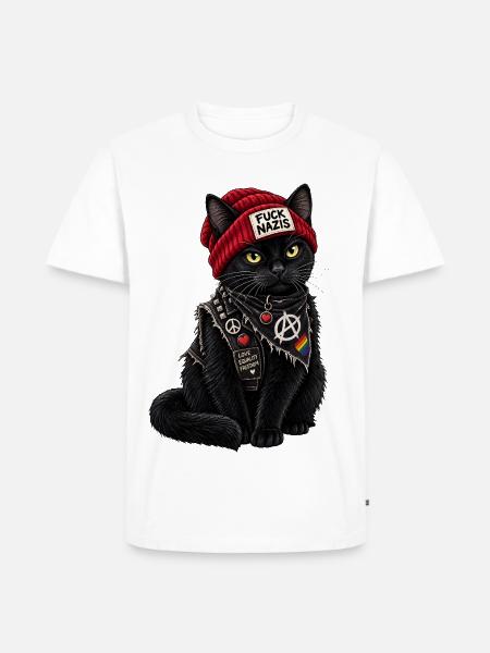 Fuck Nazis Schwarze Katze - Männer Premium Bio T-Shirt - Weiß