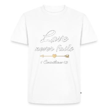 Christian Design Love Never Fails 1 Corinthians 13 - Men's Premium Organic T-Shirt - white - Front - Nico (187cm)