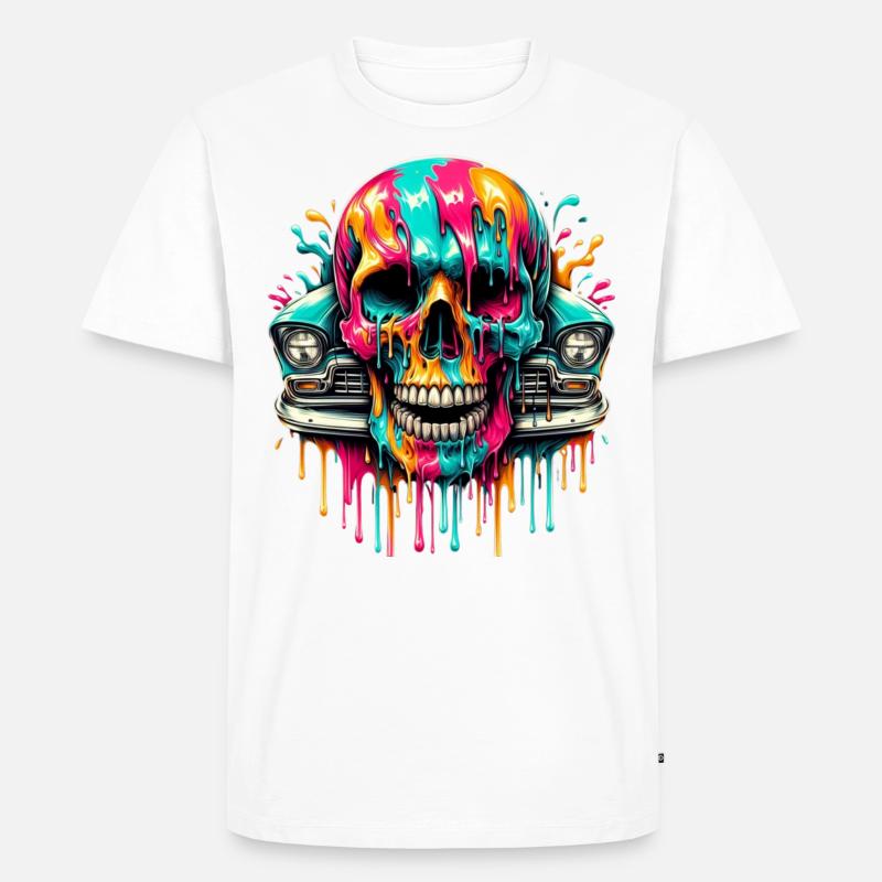 Splasheffekt: Totenkopf mit Oldtimer, Retro - Männer Premium Bio T-Shirt - Weiß