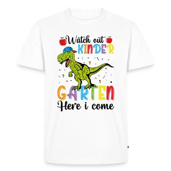 Hé les enfants, j'arrive, dinos, à l'école - T-shirt Premium bio Homme - blanc - Devant - Nico (187cm)