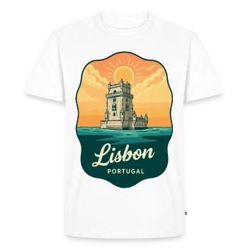Insigne de voyage vintage de la Tour de Lisbonne Belém - T-shirt Premium bio Homme - blanc - Devant - Nico (187cm)