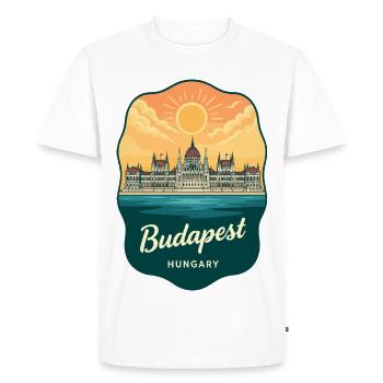 Budapest Parliament Vintage Sunset Badge - Men's Premium Organic T-Shirt - white - Front - Nico (187cm)