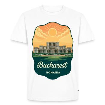 Bucharest Parliament Vintage Sunset Badge - Men's Premium Organic T-Shirt - white - Front - Nico (187cm)