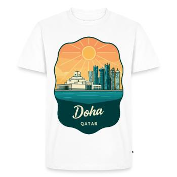 Badge de voyage Doha Qatar Vintage Sunset - T-shirt Premium bio Homme - blanc - Devant - Nico (187cm)