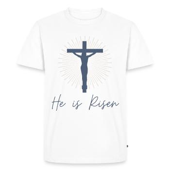Jésus sur la croix « Il est ressuscité » Design - T-shirt Premium bio Homme - blanc - Devant - Nico (187cm)