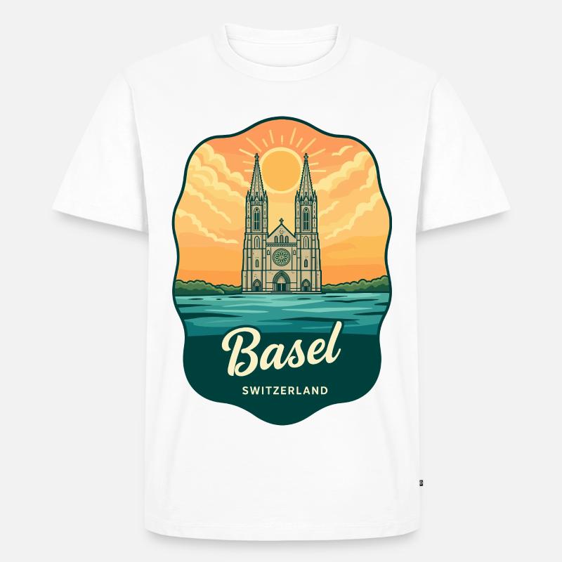 Basel Minster Retro Sonnenuntergangs-Reiseabzeichen - Männer Premium Bio T-Shirt - Weiß
