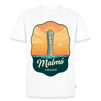 Badge vintage du coucher de soleil Malmo Turning Torse - T-shirt Premium bio Homme - blanc - Devant - Nico (187cm)