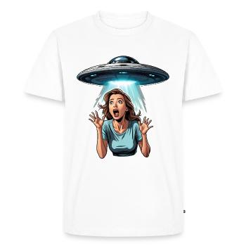 Alien UFO Abduction: Woman in panic - Men's Premium Organic T-Shirt - white - Front - Nico (187cm)