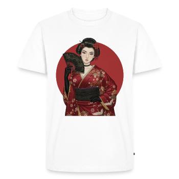 Geisha en kimono rouge avec éventail - T-shirt Premium bio Homme - blanc - Devant - Nico (187cm)