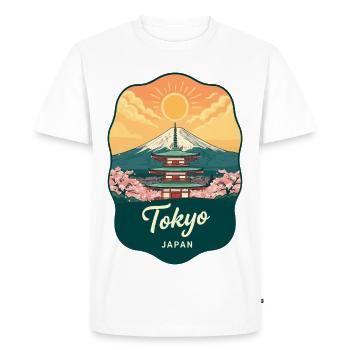 Badge de voyage vintage du coucher de soleil du mont Fuji à Tokyo - T-shirt Premium bio Homme - blanc - Devant - Nico (187cm)