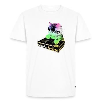 Rainbow DJ Cat - scratching - Men's Premium Organic T-Shirt - white - Front - Nico (187cm)