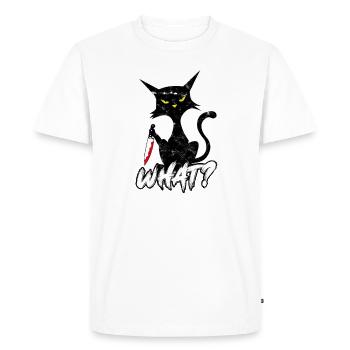 WHAT? Cat with Knife - Dark Humor - Men's Premium Organic T-Shirt - white - Front - Nico (187cm)