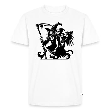 LA SORCIÈRE ET LA FAUCHEUSE DANS LA FRÉNÉSIE DE LA FÊTE - T-shirt Premium bio Homme - blanc - Devant - Nico (187cm)