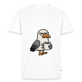 MOIN – Grummeliges Möwe mit Kaffee | Morgenmuffel - Männer Premium Bio T-Shirt - Weiß - Vorne - Nico (187cm)