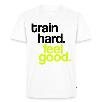 train hard. feel good. - Men's Premium Organic T-Shirt - white - Front - Nico (187cm)