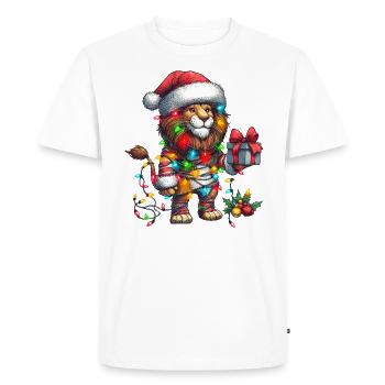 Lion Wearing Santa Hat, Holding A Present Box Xmas - Men's Premium Organic T-Shirt - white - Front - Nico (187cm)