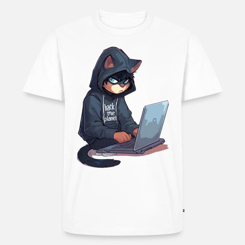 Cyber Hacker Cat Hackerkatze - Männer Premium Bio T-Shirt - Weiß