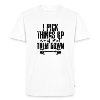 Je ramasse des choses et les mets à terre Drôle d’entraînement - - T-shirt Premium bio Homme - blanc - Devant - Nico (187cm)