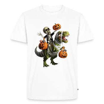 Squelette chevauchant un dinosaure avec des citrouilles - T-shirt Premium bio Homme - blanc - Devant - Nico (187cm)