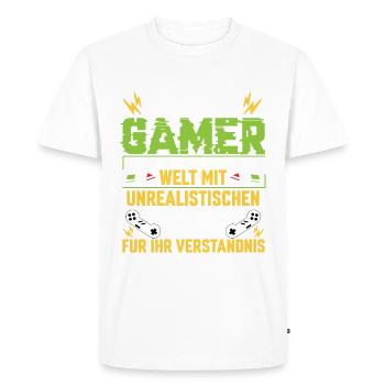 Ich bin Gamer. Das heißt, ich lebe in einer Wel... - Männer Premium Bio T-Shirt - Weiß - Vorne - Nico (187cm)