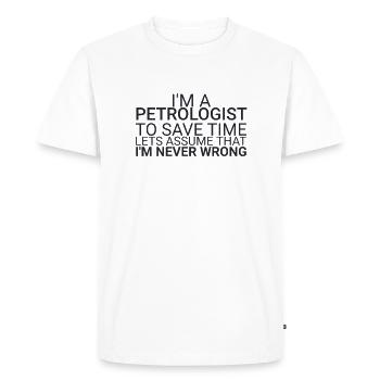 "Petrologist Save Time | Petrology" - Men's Premium Organic T-Shirt - white - Front - Nico (187cm)