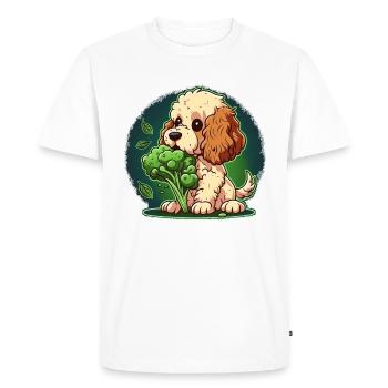 Cute dog eats green broccoli green vegetables - Men's Premium Organic T-Shirt - white - Front - Nico (187cm)