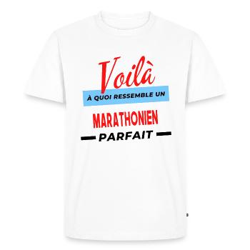 Voilà a quoi ressemble un MARATHONIEN Humour - T-shirt Premium bio Homme - blanc - Devant - Nico (187cm)
