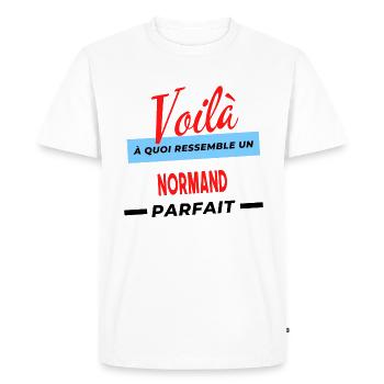 Voilà a quoi ressemble un NORMAND Humour - T-shirt Premium bio Homme - blanc - Devant - Nico (187cm)
