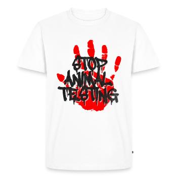 CONTRE ANIMAUX TEST STOP MAIN SANG ROUGE - T-shirt Premium bio Homme - blanc - Devant - Nico (187cm)