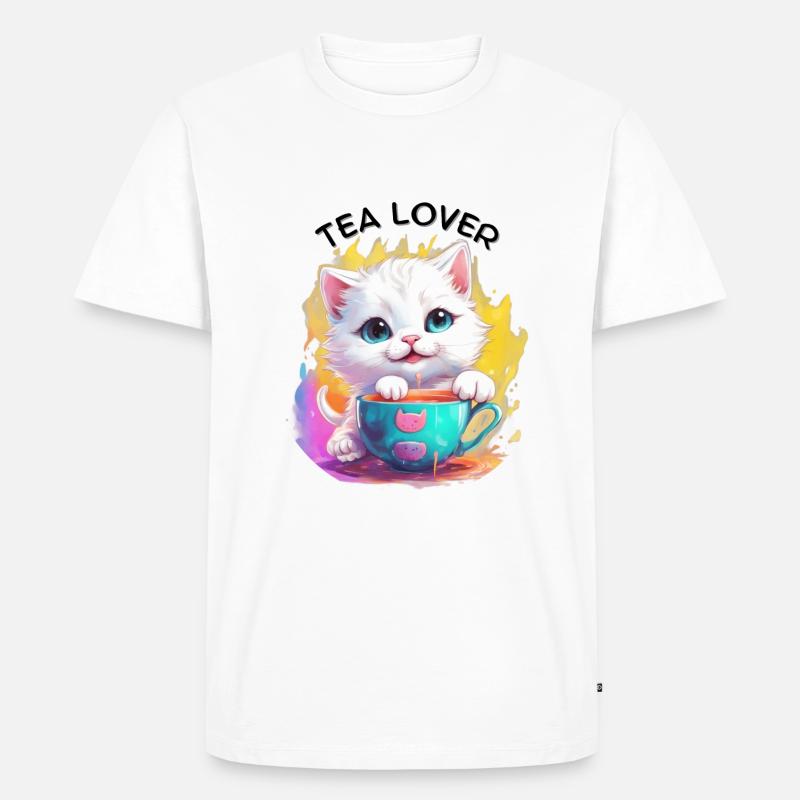 Katze mit Tee - Männer Premium Bio T-Shirt - Weiß