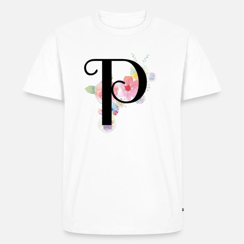 Monogramm Buchstabe P mit Pastellblüten - Männer Premium Bio T-Shirt - Weiß