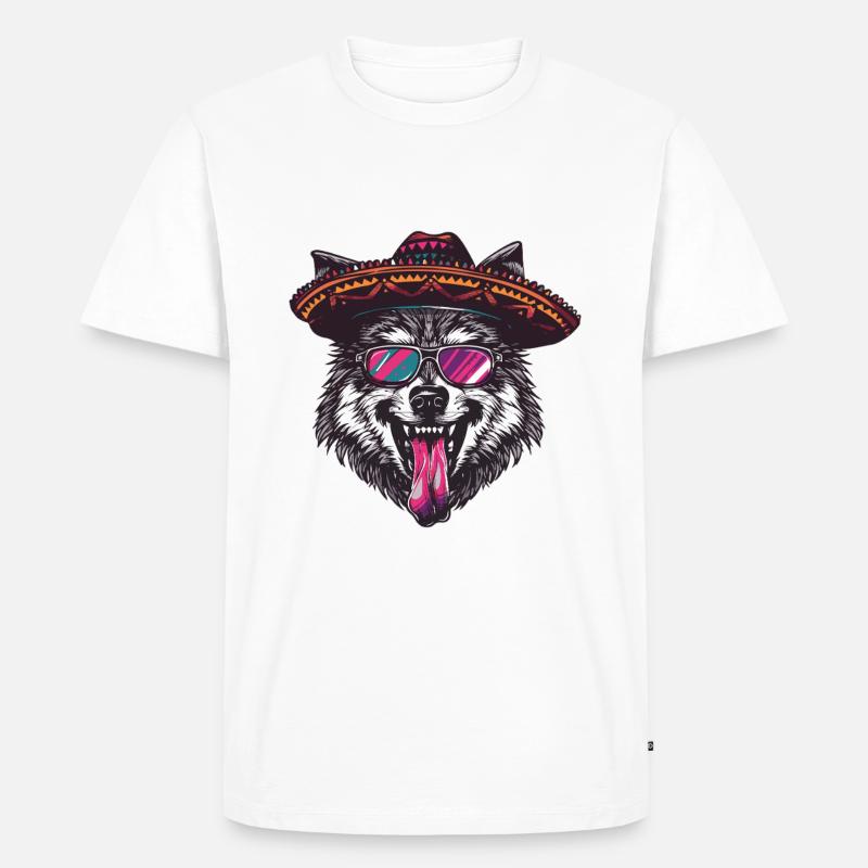 Wolf Comic Lustig Sombrero - Männer Premium Bio T-Shirt - Weiß