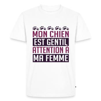 Mon chien est gentil. Attention à ma femme. - T-shirt Premium bio Homme - blanc - Devant - Nico (187cm)