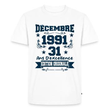 31 ans Vintage, Cadeau Anniversaire Décembre 1991 - T-shirt Premium bio Homme - blanc - Devant - Nico (187cm)
