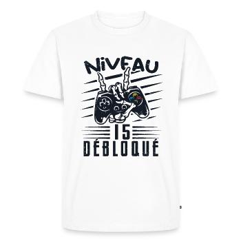 Niveau 15 Débloqué | cadeau de joueur - T-shirt Premium bio Homme - blanc - Devant - Nico (187cm)