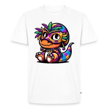 Mardi Gras Dino T-Rex : Masque de carnaval et perles - T-shirt Premium bio Homme - blanc - Devant - Nico (187cm)