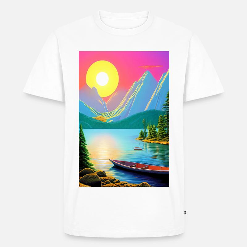 Landschaft mit See, Boot und Berge - Männer Premium Bio T-Shirt - Weiß