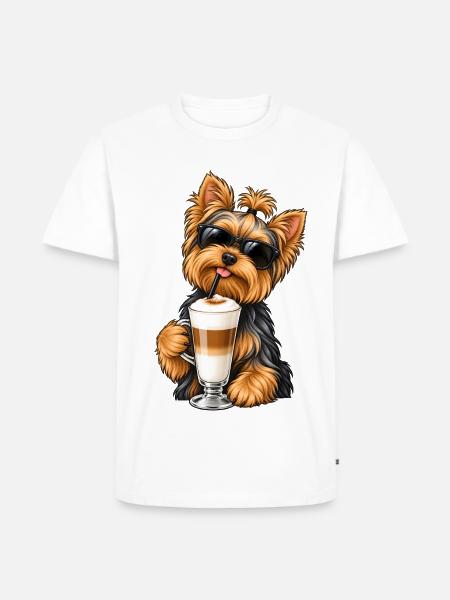 Yorkshire Terrier mit Latte Macchiato - Männer Premium Bio T-Shirt - Weiß