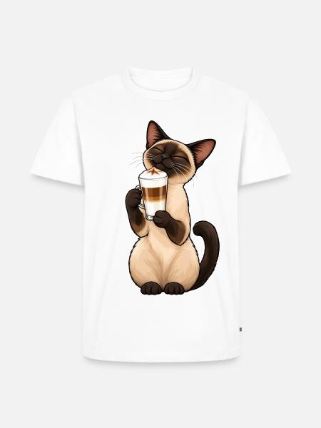 Siamkatze mit Latte Macchiato – Kaffee & Katze - Männer Premium Bio T-Shirt - Weiß