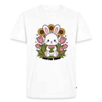 Lapin kawaii avec des tulipes et des tournesols - T-shirt Premium bio Homme - blanc - Devant - Nico (187cm)