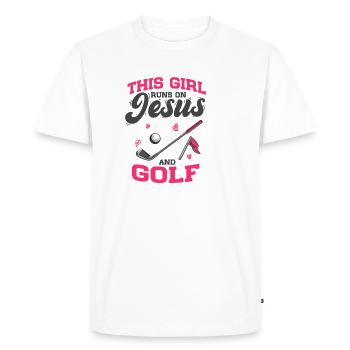 Golfing Golfer This Girl Runs On Jesus And Golf - Men's Premium Organic T-Shirt - white - Front - Nico (187cm)