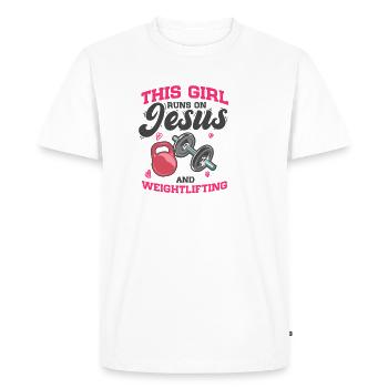 Fitness Cette fille court sur Jésus et l’haltérophilie - T-shirt Premium bio Homme - blanc - Devant - Nico (187cm)