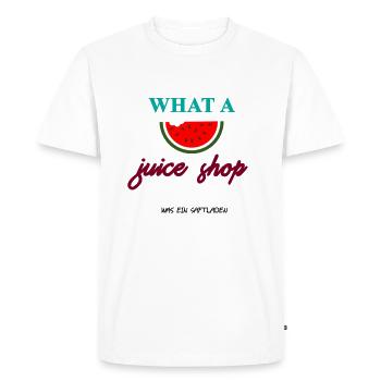 Qu’est-ce qu’un magasin de jus | denglisch | What a juice shop - T-shirt Premium bio Homme - blanc - Devant - Nico (187cm)