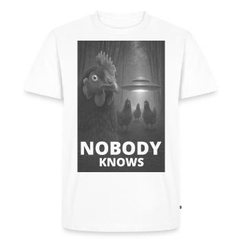 Personne ne sait – Poulets et conception d’OVNI - T-shirt Premium bio Homme - blanc - Devant - Nico (187cm)