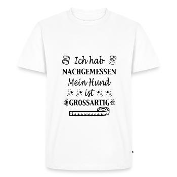 J'ai mesuré - motif chien - conversation chien - T-shirt Premium bio Homme - blanc - Devant - Nico (187cm)