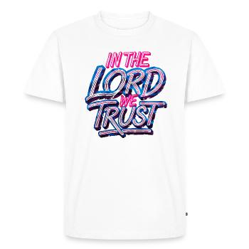 Design du t-shirt « In the Lord We Trust » - T-shirt Premium bio Homme - blanc - Devant - Nico (187cm)