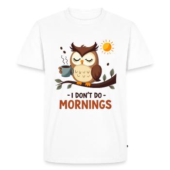 Hibou fatigué avec du café – Je ne fais pas de matins - T-shirt Premium bio Homme - blanc - Devant - Nico (187cm)
