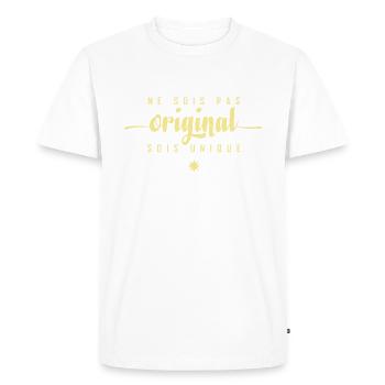 Ne sois pas original sois unique - Mon message - T-shirt Premium bio Homme - blanc - Devant - Nico (187cm)